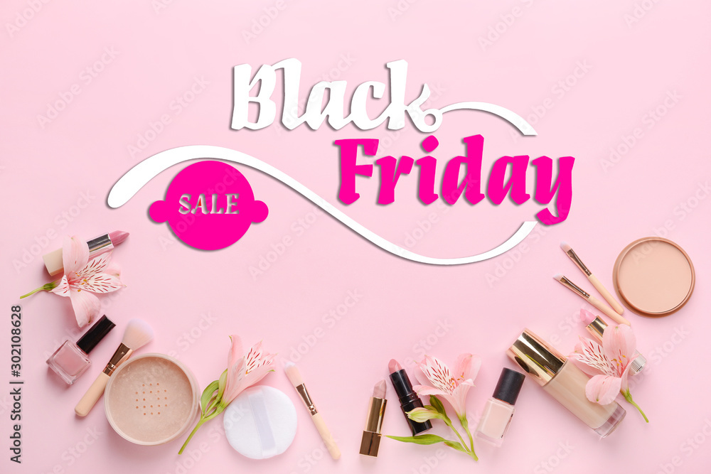 Set of decorative cosmetics on color background. Black Friday sale