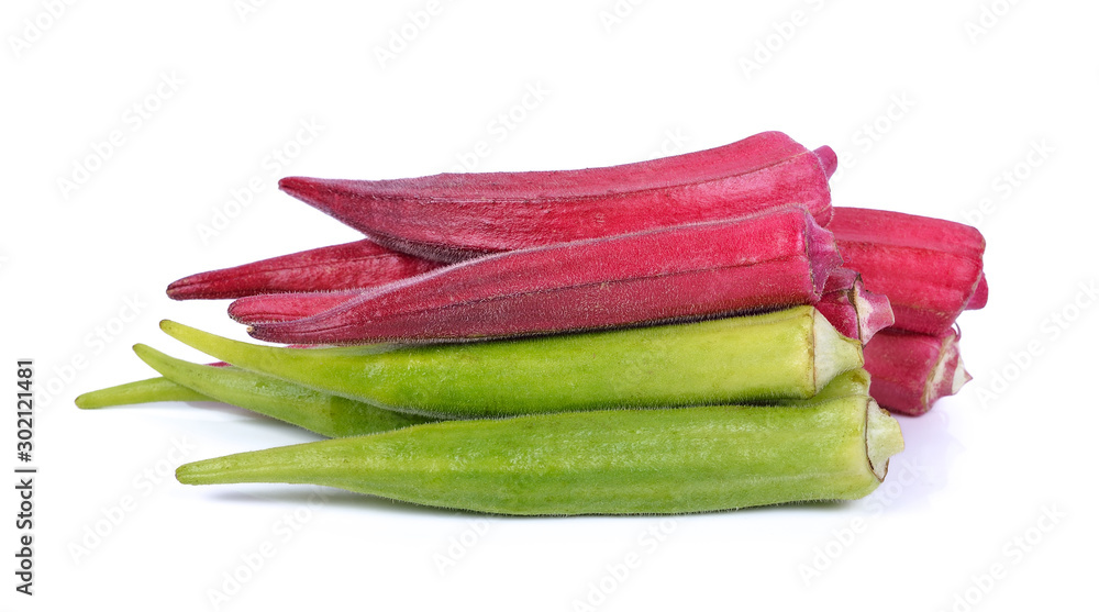 Fresh organic green and red okra isolated on a white background