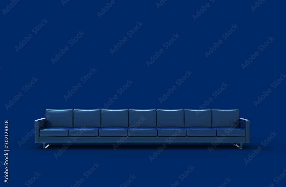 Extremely long blue leather sofa isolated on blue background. 3d rendering