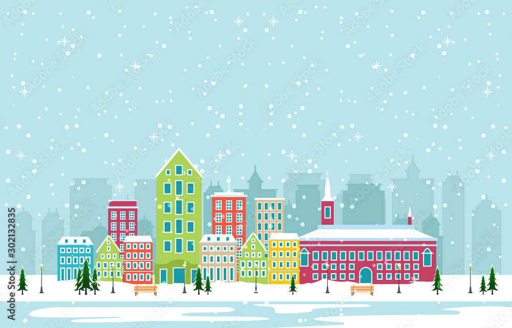 Winter Snow in Copenhagen City Cityscape Skyline Landmark Building Illustration