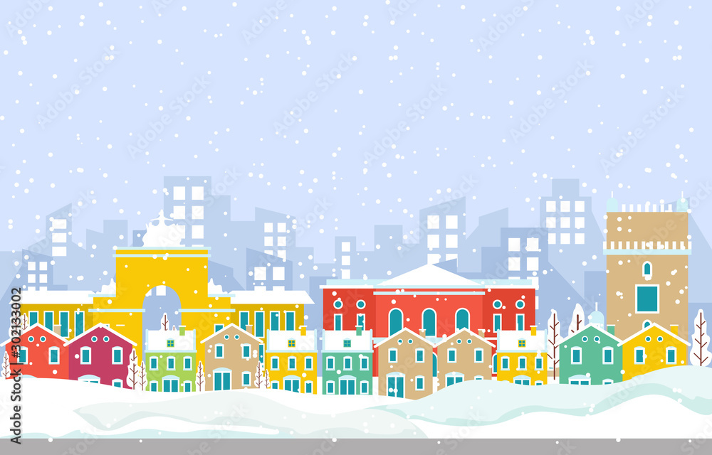 Winter Snow in Lisbon City Cityscape Skyline Landmark Building Illustration