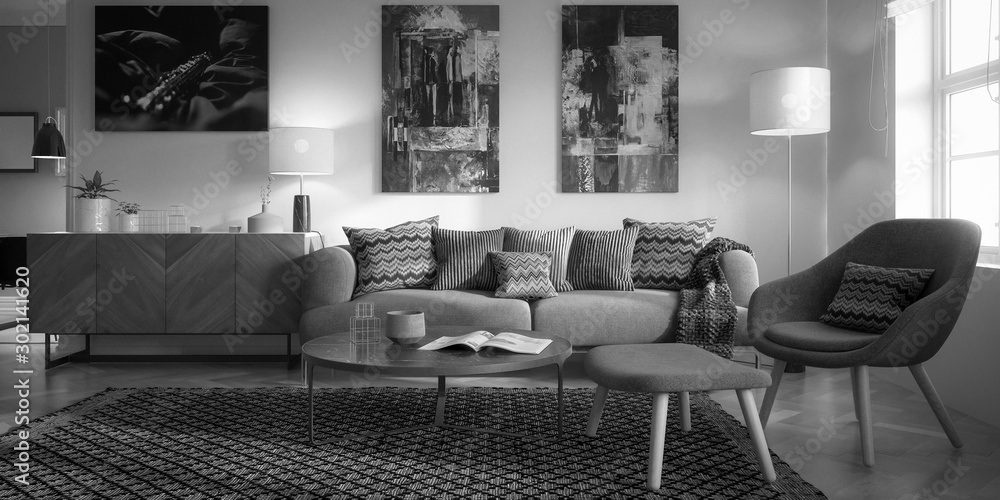 Modern Furnishings and Art Panintings Inside an Apartment - 3d visualization  in black and white