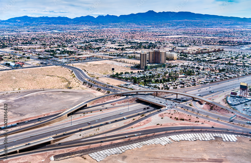 Aerial view of a traffic interchange in Las Vegas