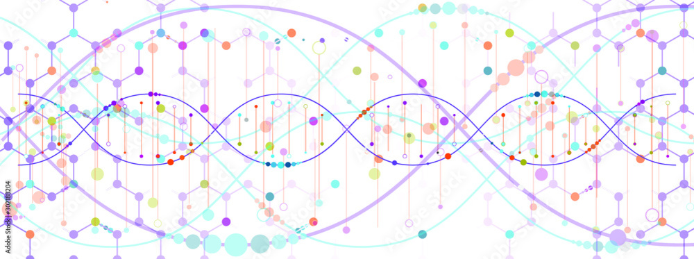 模板DNA分子。科学概念。螺旋DNA背景下的六边形分子