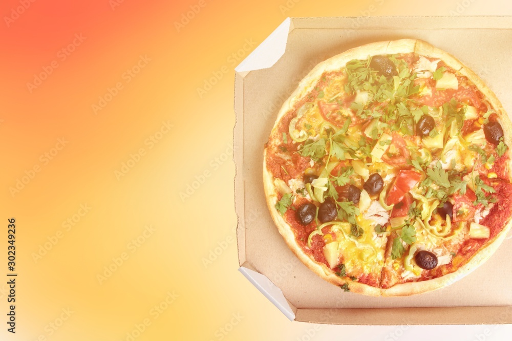 Pizza delivery black box packaging on yellow background