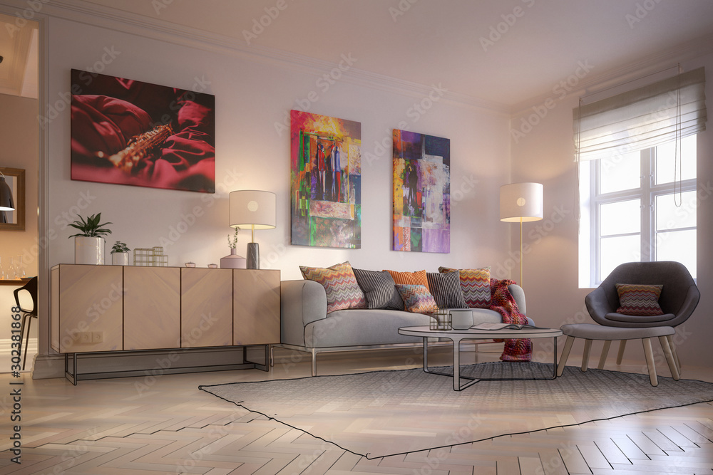 Furnishings and Art Panintings Inside an Apartment (project) - 3d visualization