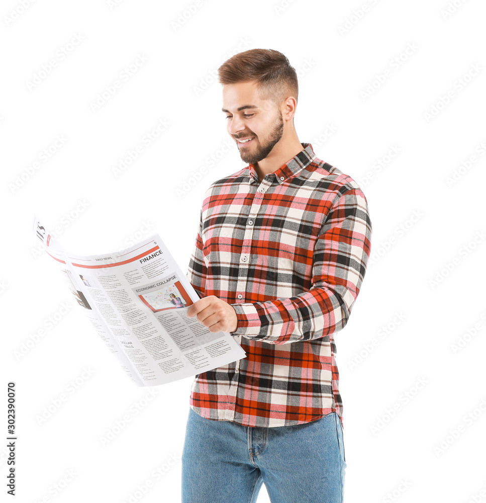 Handsome man with newspaper on white background