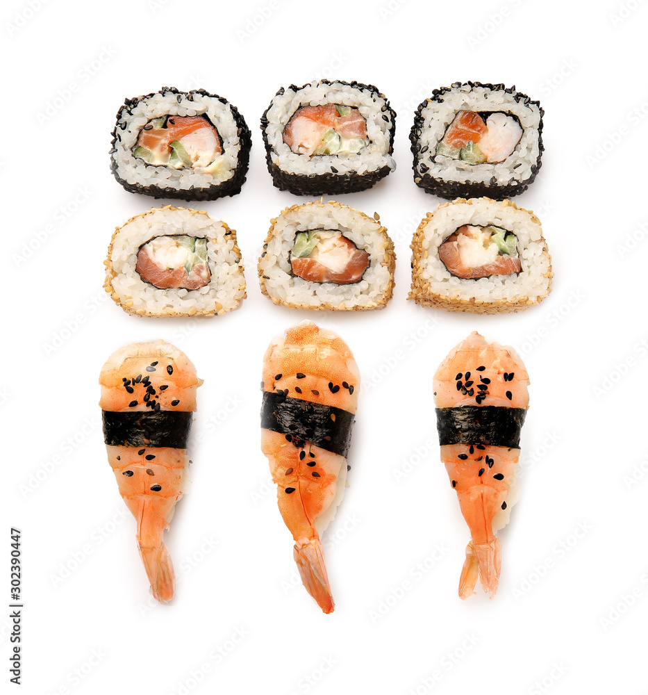 Composition with different sushi on white background