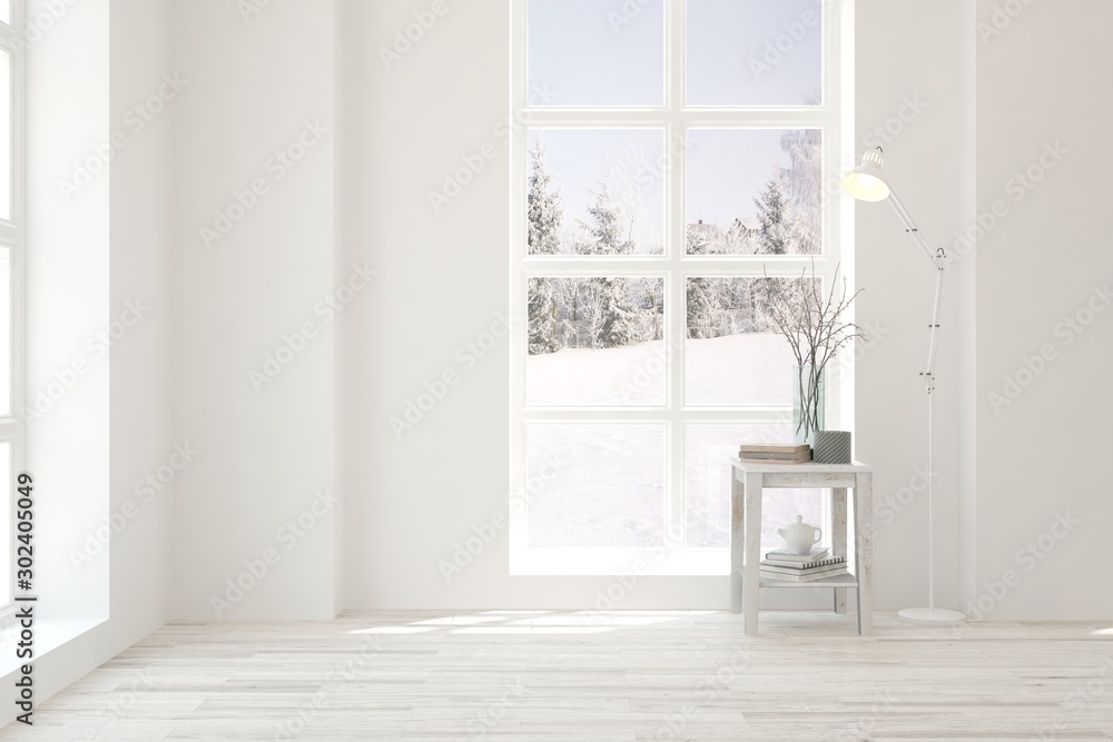 Mock up of empty room in white color with winter landscape in window. Scandinavian interior design. 