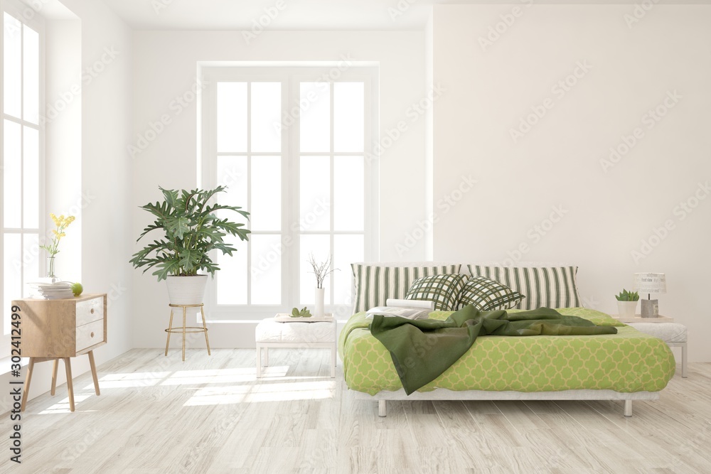 Stylish bedroom in white color. Scandinavian interior design. 3D illustration