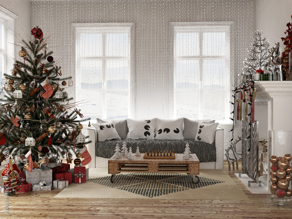 New year tree in scandinavian style interior with christmas decoration	