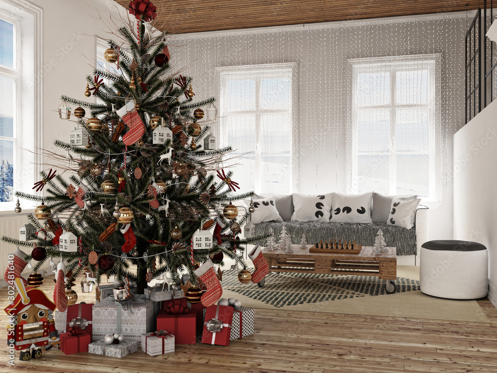 New year tree in scandinavian style interior with christmas decoration	