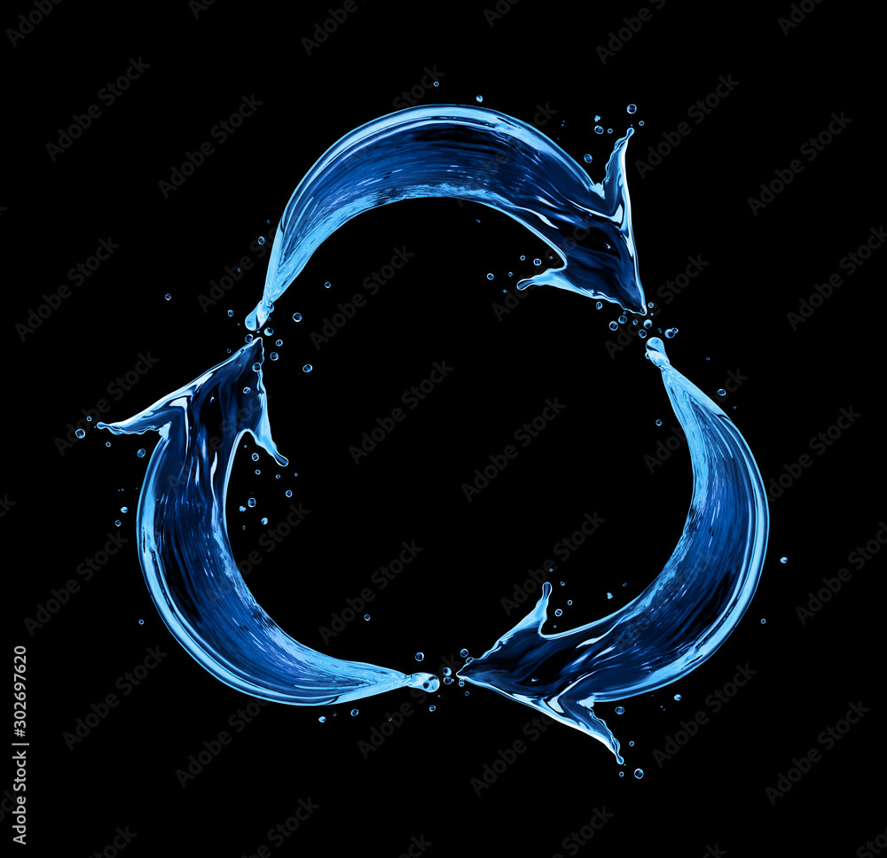 Curved arrows made of water splashes in a circular motion on a black background