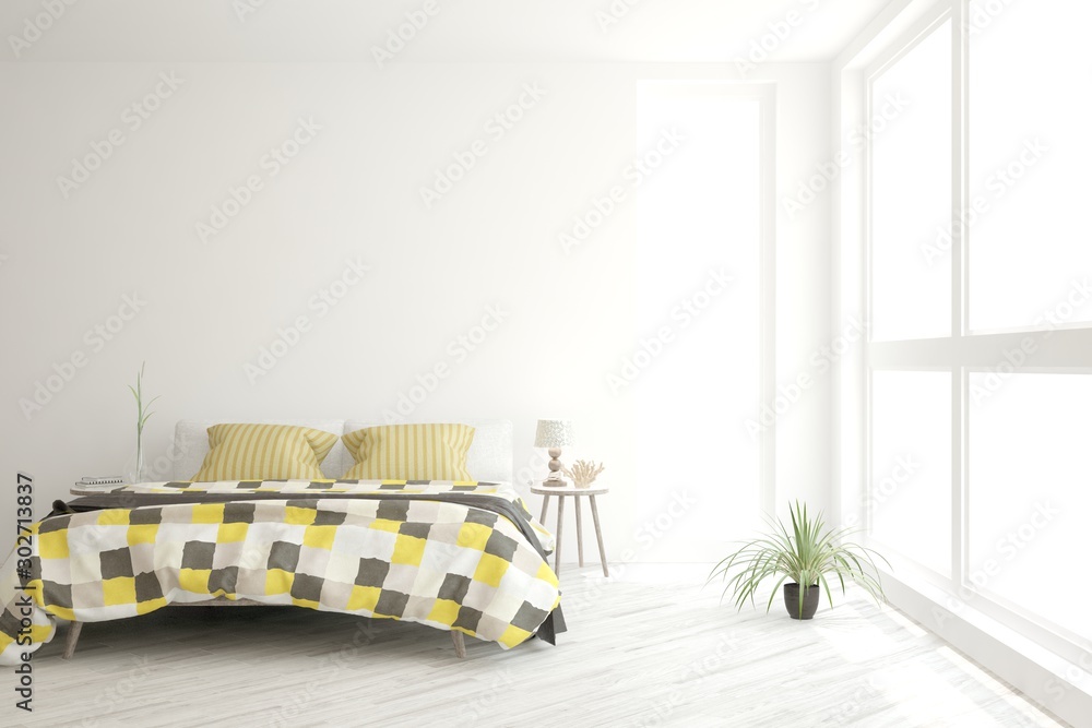 Stylish bedroom in white color. Scandinavian interior design. 3D illustration