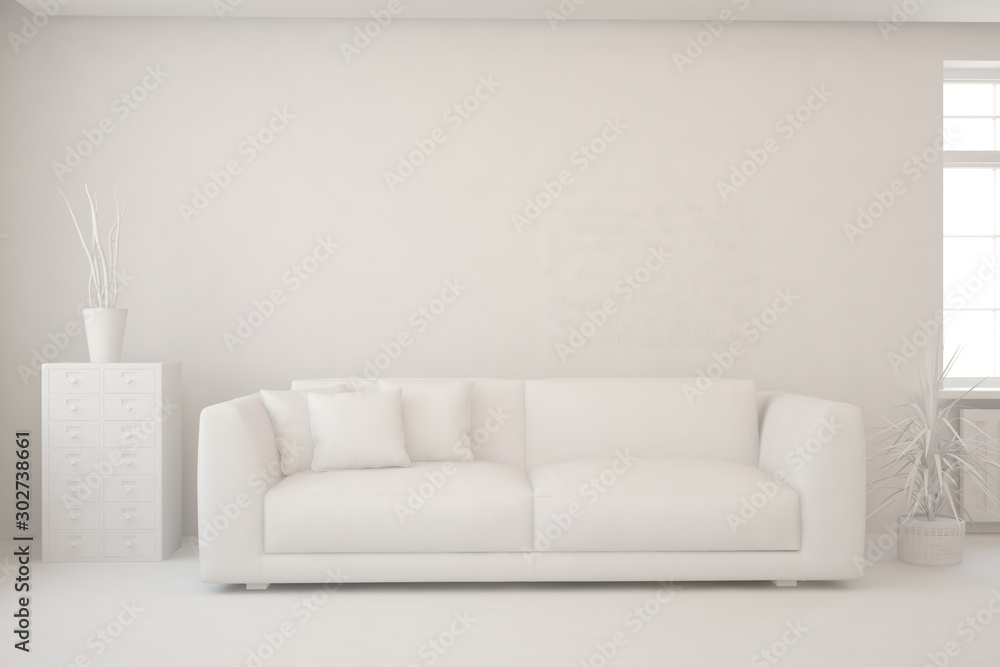 Mock up of stylish room in white color with sofa. Scandinavian interior design. 3D illustration