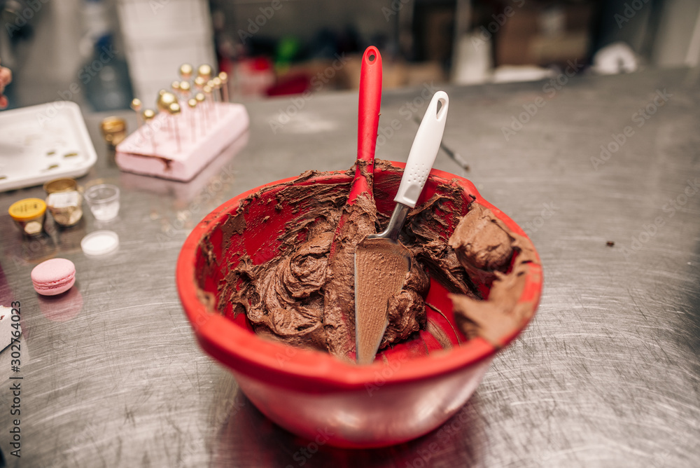 Chocolate cream filling in a bowl.