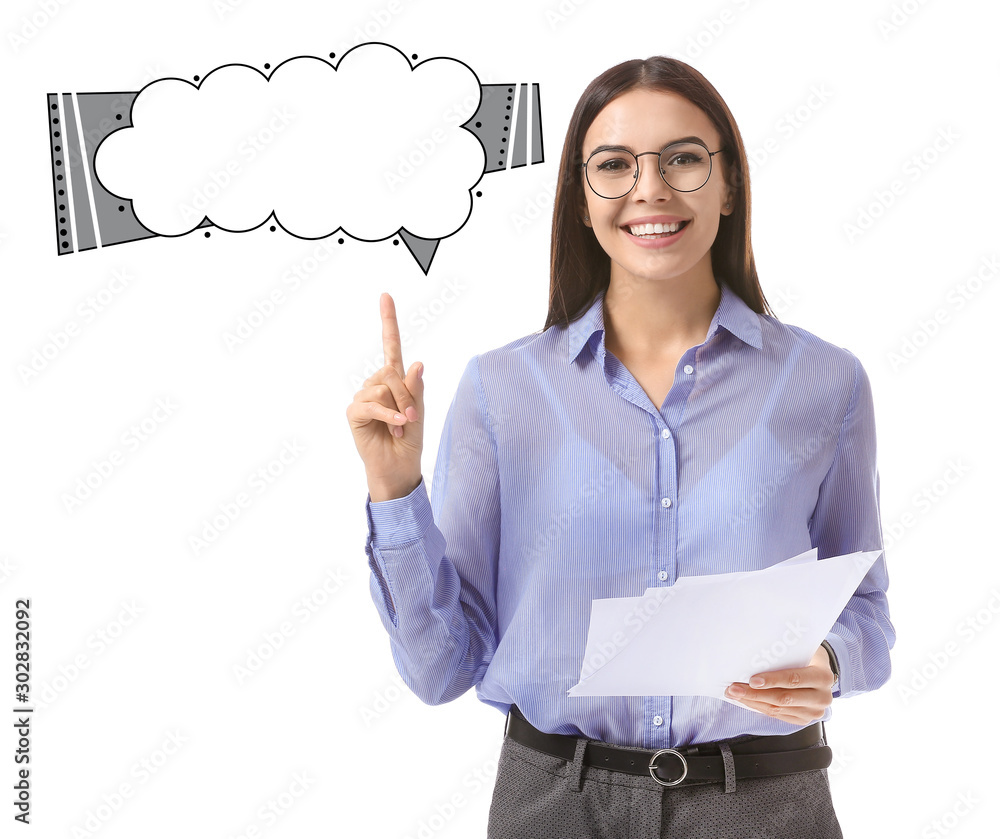 Beautiful young businesswoman with raised index finger and blank speech bubble on white background