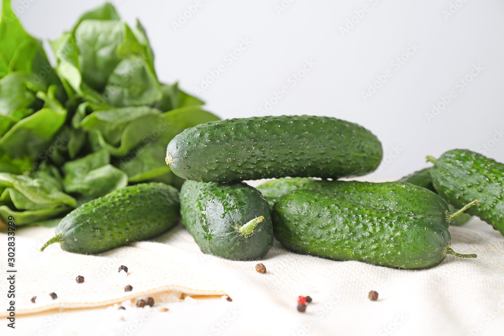 Fresh green cucumbers on table