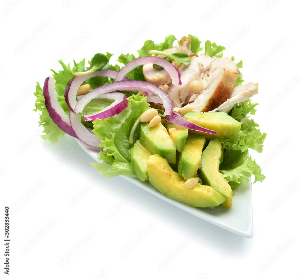 Plate with tasty avocado salad on white background