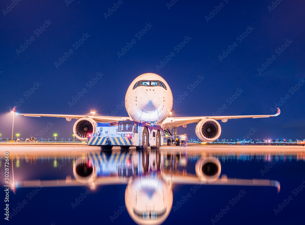 aircraft ready to departure with reflection