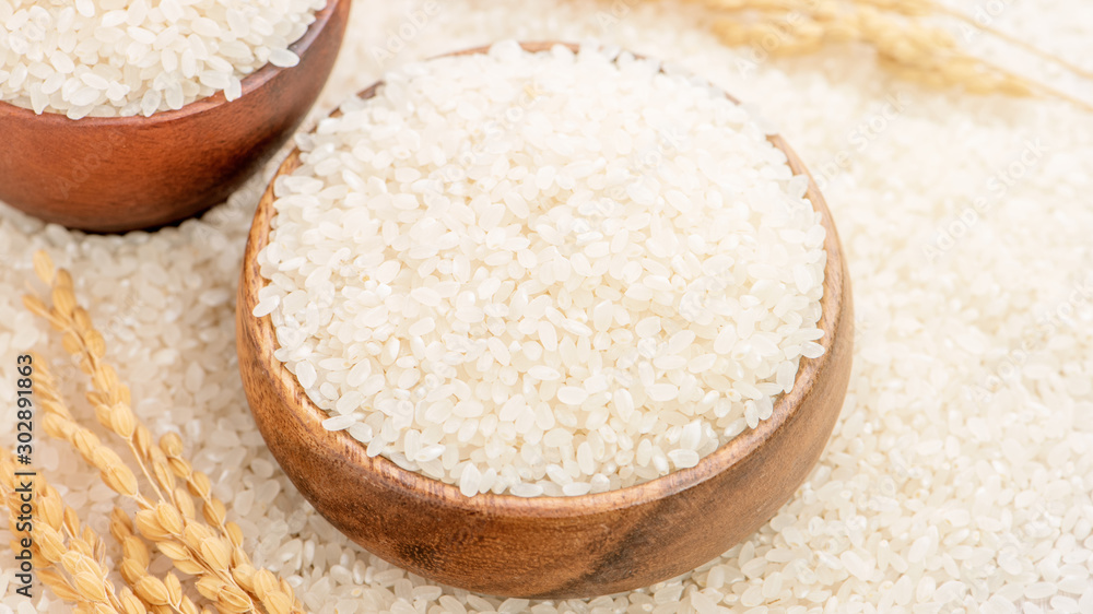 Raw white polished milled edible rice crop on white background in brown bowl, organic agriculture de