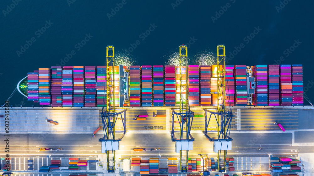 Container cargo ship in import export business logistic at night, Freight transportation container s