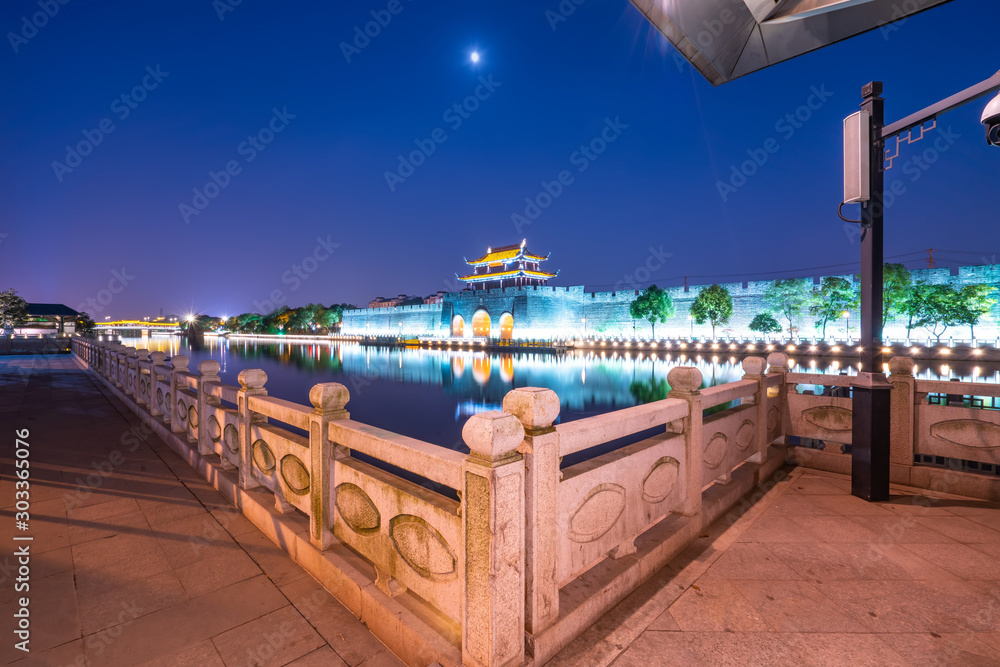 Night view of ancient city wall of pingmen, Suzhou..