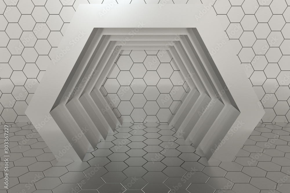 Hexagonal tunnel space with hexagon cubes, 3d rendering.