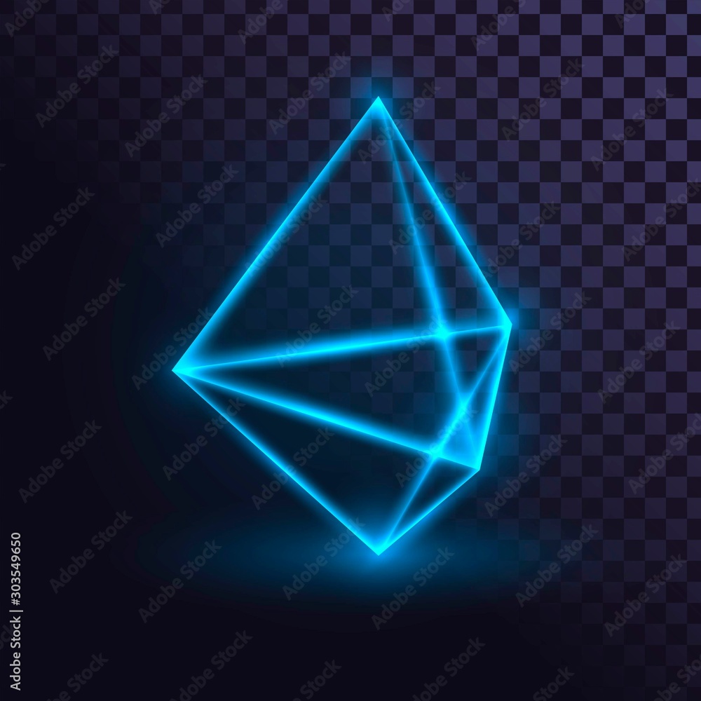 Glowing blue neon rhombus, futuristic crystal, laser rhombus on transparent background