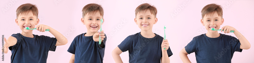 Portrait of little boy with toothbrush on color background