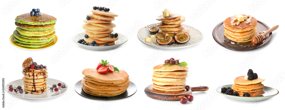 Set with tasty pancakes on white background