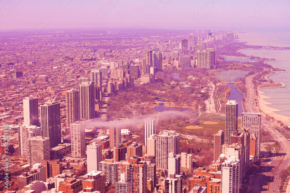 Lincoln Park and clouds in Chicago from above