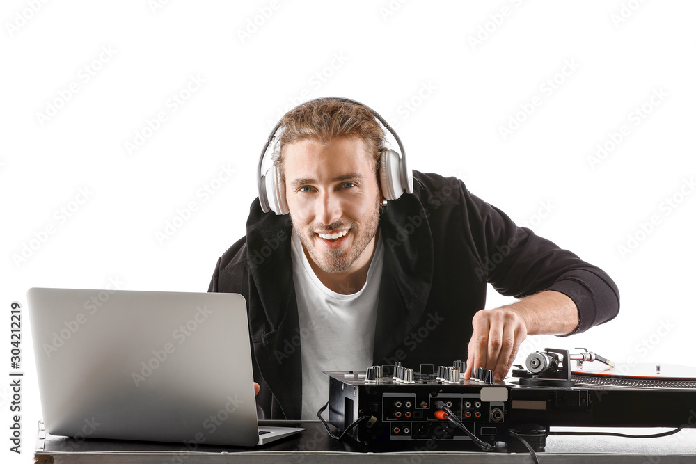 Male dj playing music on white background