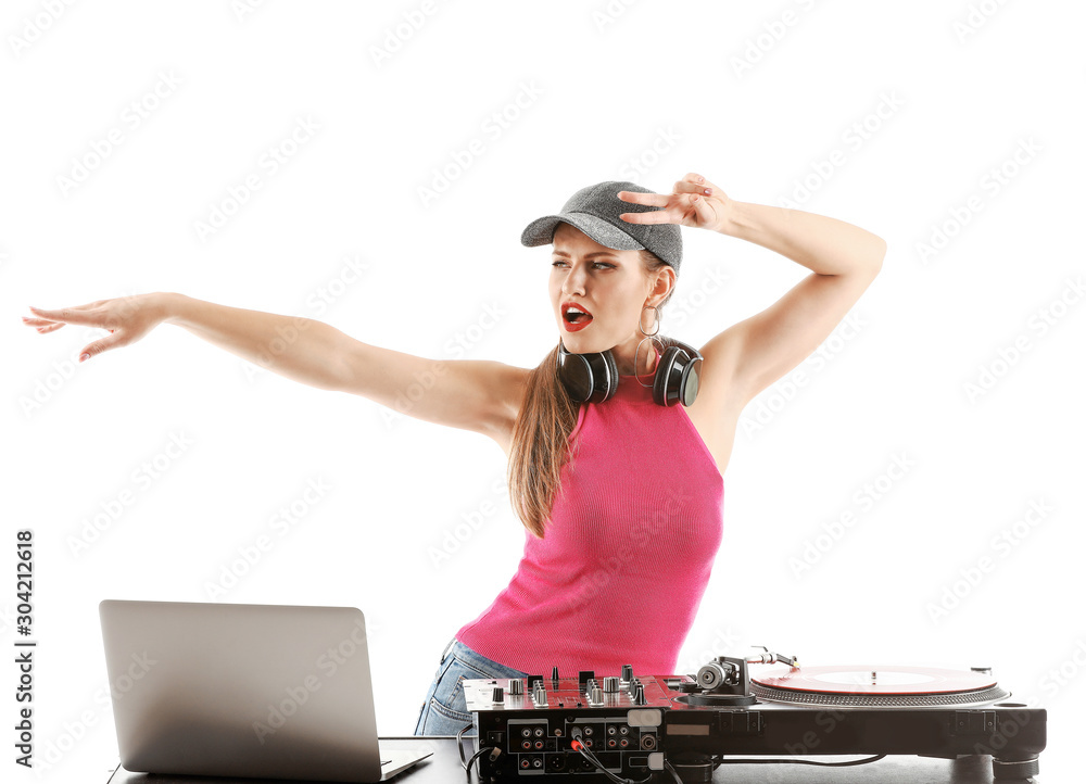 Female dj playing music on white background