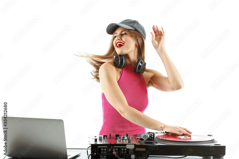 Female dj playing music on white background