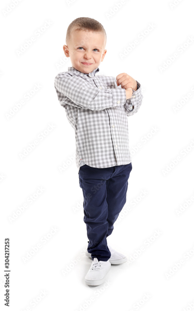 Portrait of cute little boy on white background