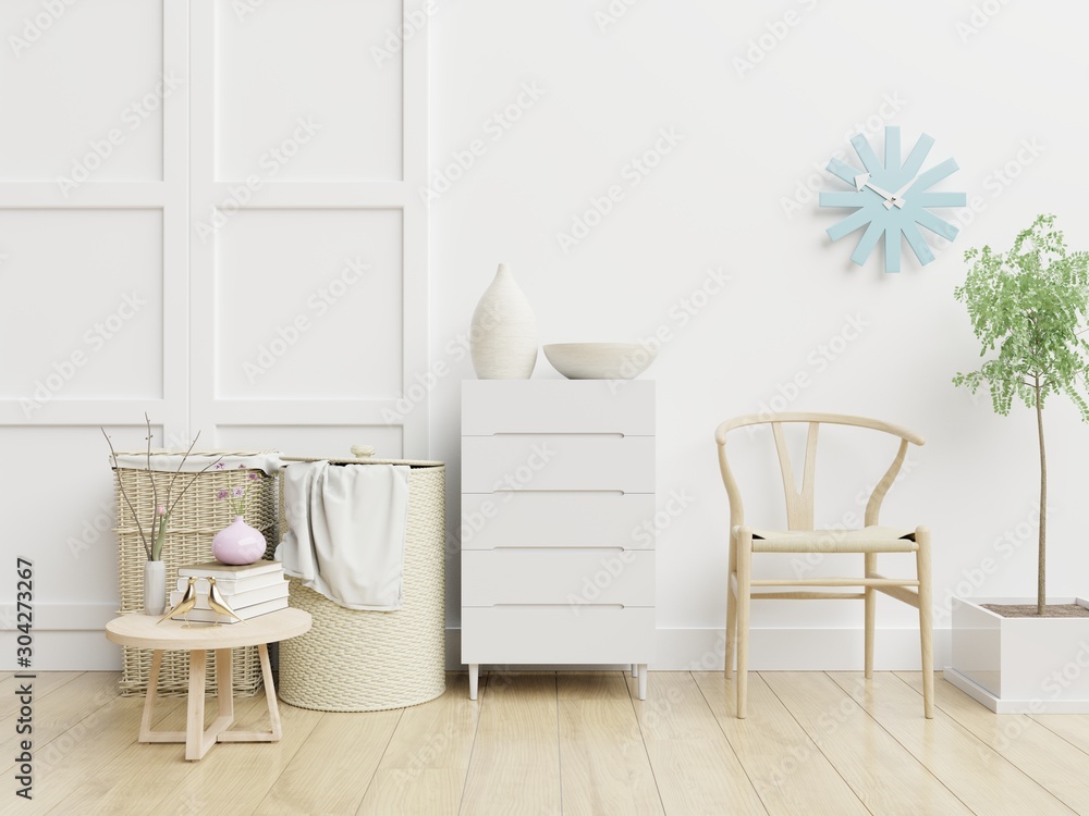 Living Room Interior with chair, plants, cabinet, on empty white wall background.