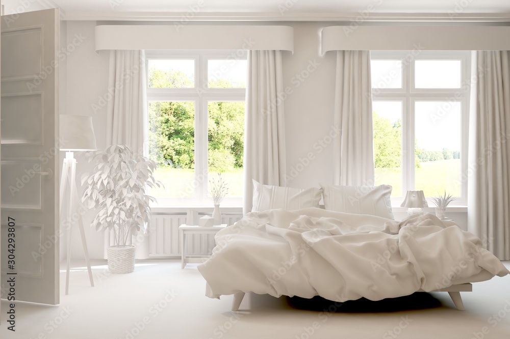 Modern bedroom in white color. Scandinavian interior design. 3D illustration