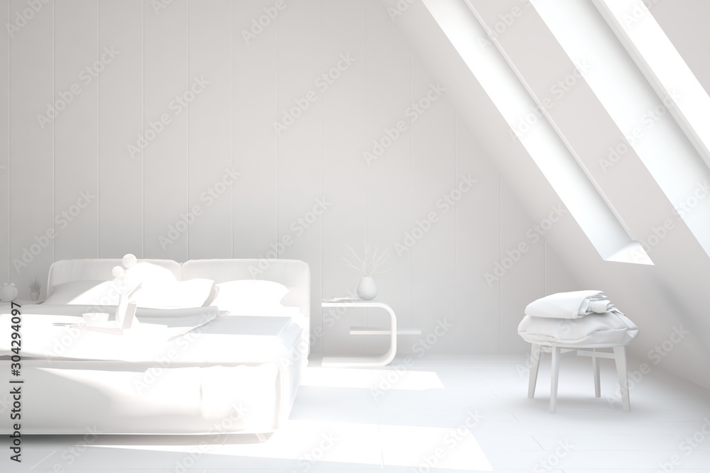 Modern bedroom in white color. Scandinavian interior design. 3D illustration