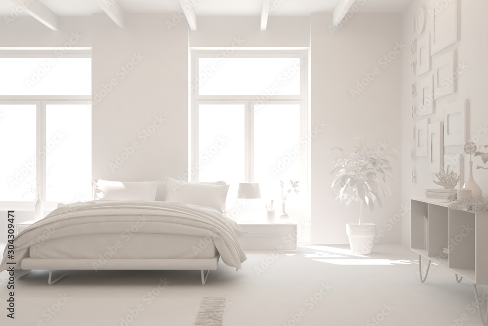 Modern bedroom in white color. Scandinavian interior design. 3D illustration