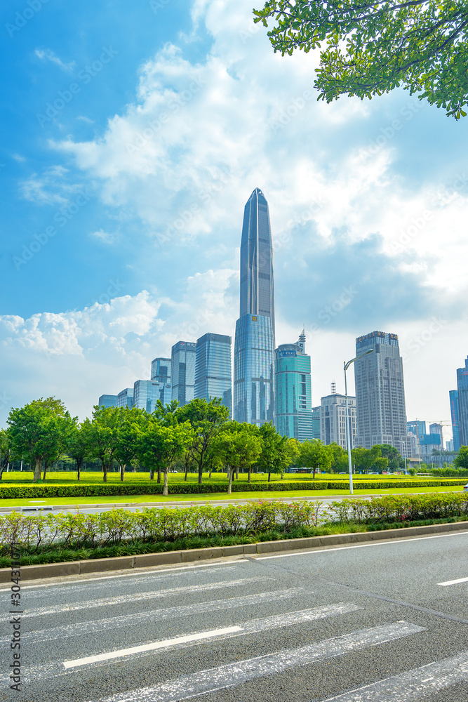 wide-angle aerial view of Shenzhen financial district, Guangdong, China.Financial concept