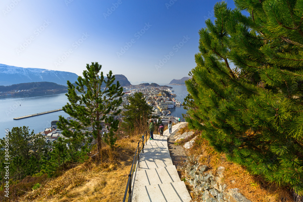 Pathway to the view point of Alesund city in sunny day, Norway