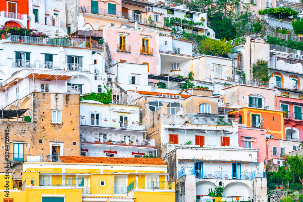 Colorful houses of Positano along Amalfi coast, terraced houses, Campania, Italy.