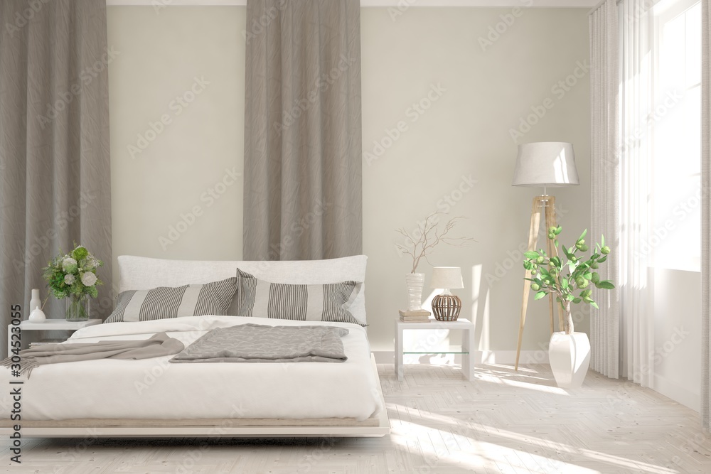 Stylish bedroom in white color. Scandinavian interior design. 3D illustration