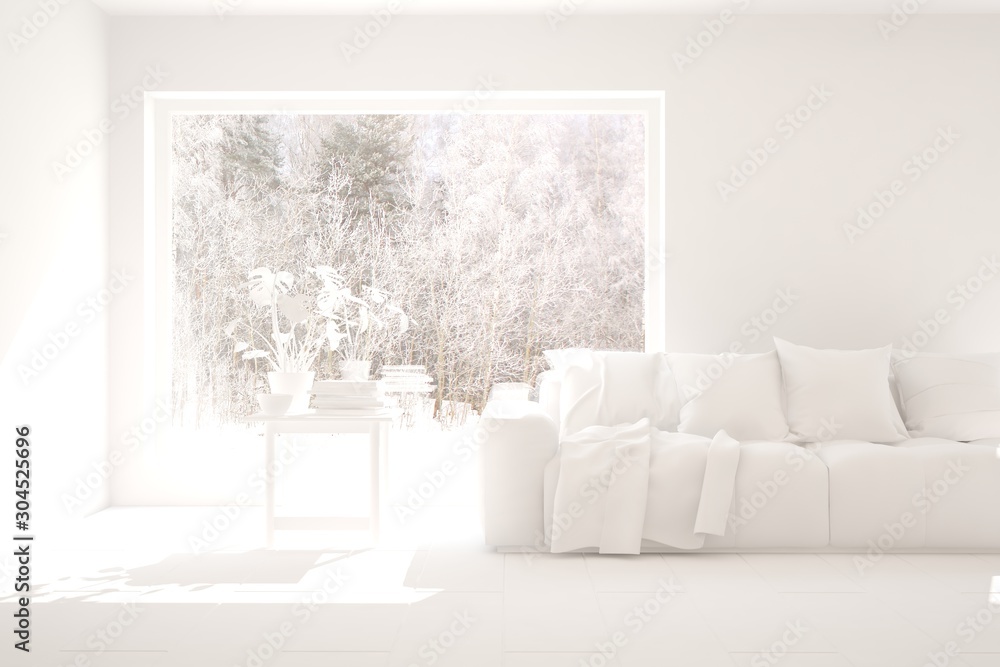 Mock up of stylish room in white color with sofa and winter landscape in window. Scandinavian interi