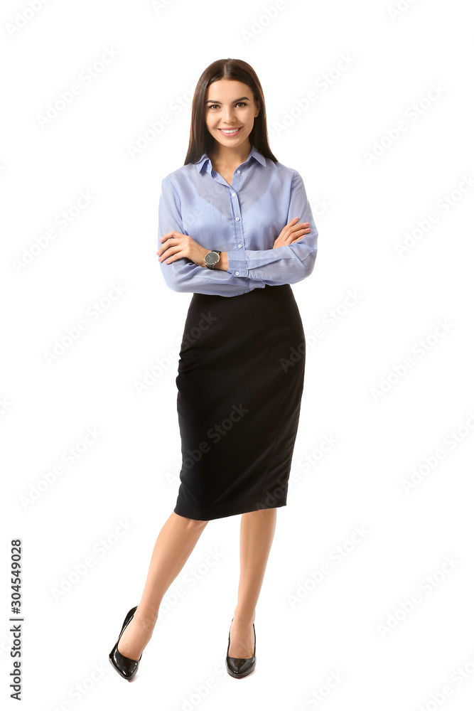 Beautiful young businesswoman on white background