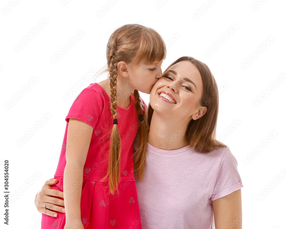 Portrait of happy mother and daughter on white background