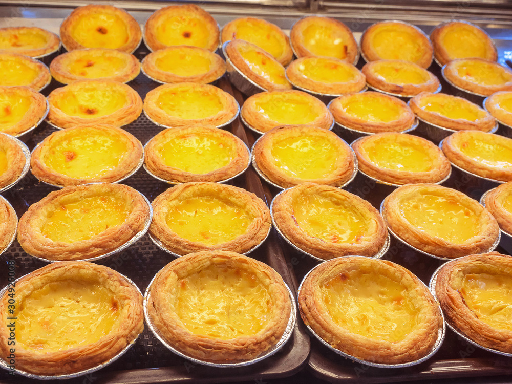 Many Egg custard tart on the tray,close up,dessert.