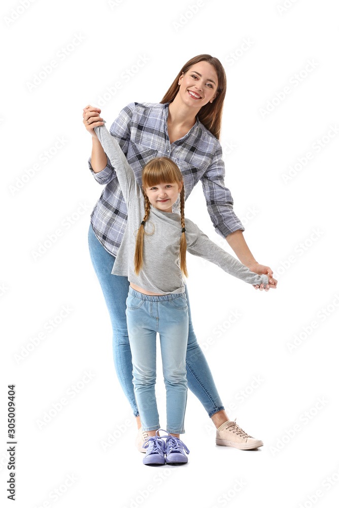 Portrait of happy mother and daughter on white background