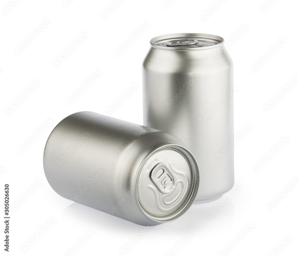 metal aluminum beverage drink cans isolated on white background